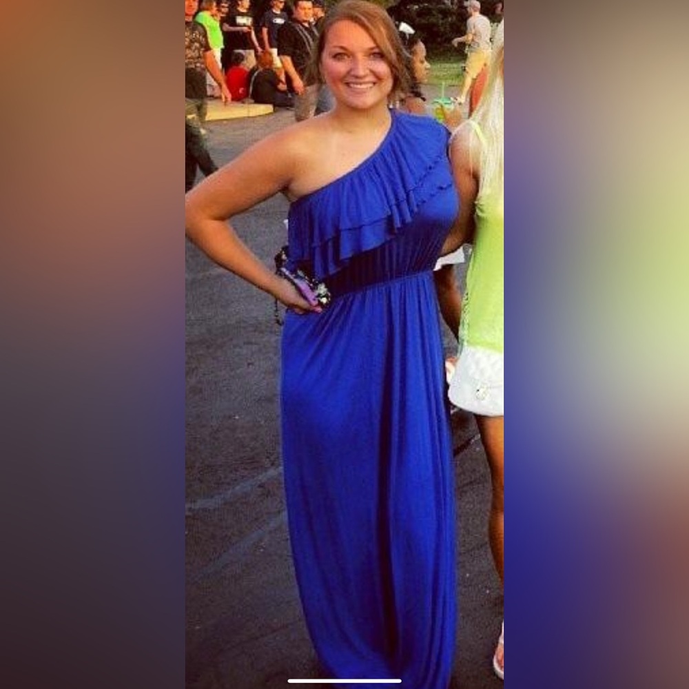 Blue one shoulder ruffled maxi dress
